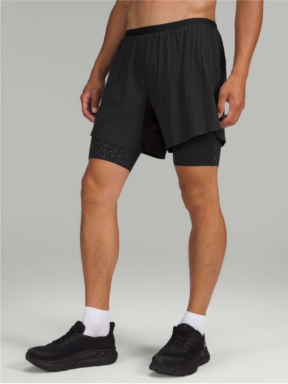 lululemon athletica Men's Black Layered Running Shorts with Compression Liner